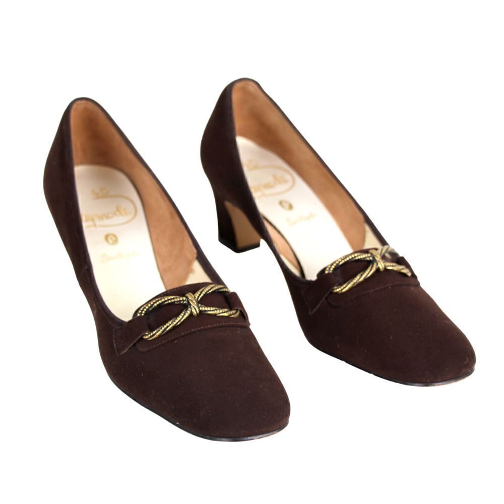 VINTAGE Gaymode Sanilized BROWN REAL LEATHER SUEDE BOW CLASSIC PUMP SHOES Sz 7.5